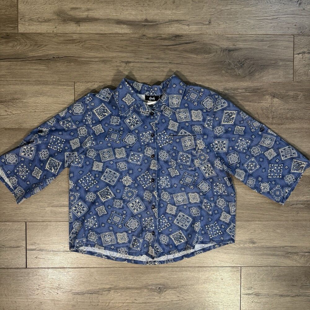 Vintage 90s Tapestry Bandana Patchwork Shirt XL 3/4 Sleeve Boxy Made in USA Top